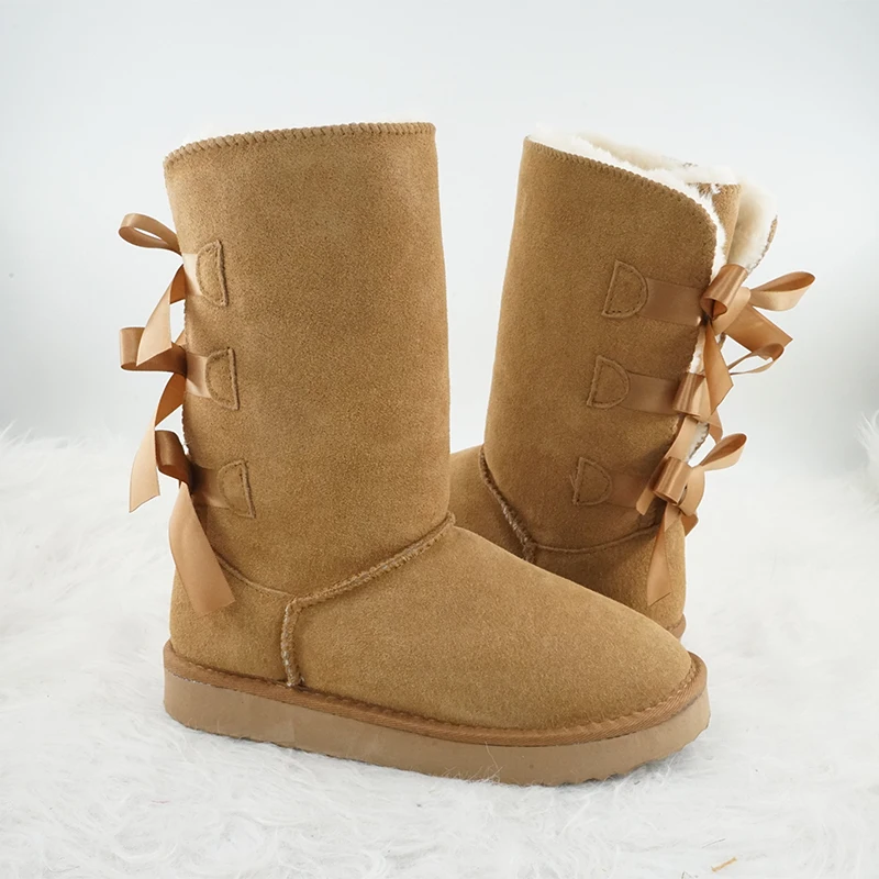 New Arrival Winter Bow Tie Girl High Boots Genuine Leather Woman Snow Boots Thick Plush Boots Women\'s Shoes Warm Shoes