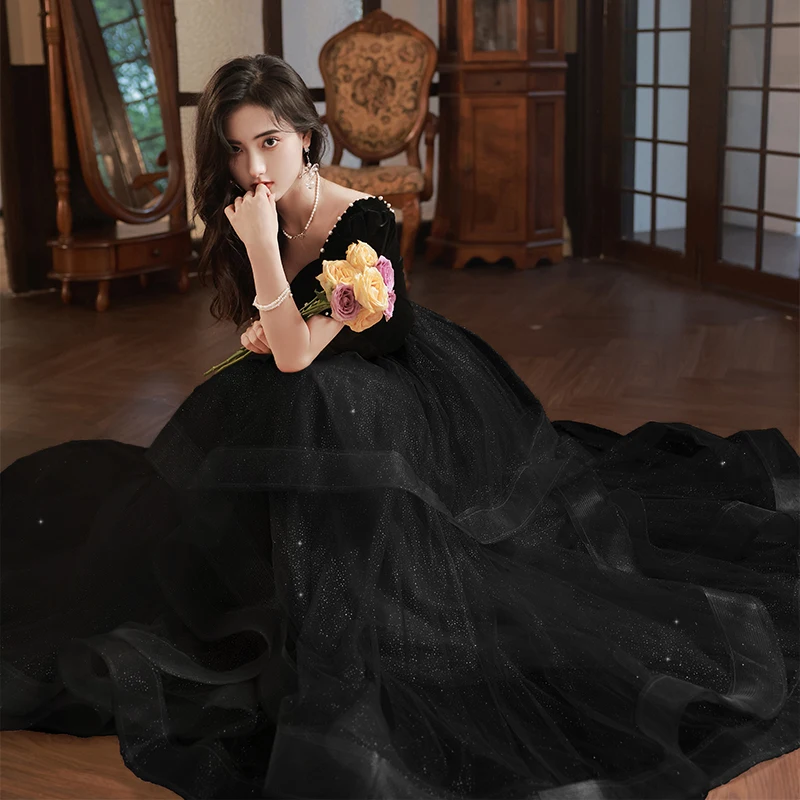 Gaun Malam A-Line Putri Hitam Elegan Gaun Prom Pesta Formal Wanita Panjang Lantai Leher Persegi Peri Perancis Robe De Soiree