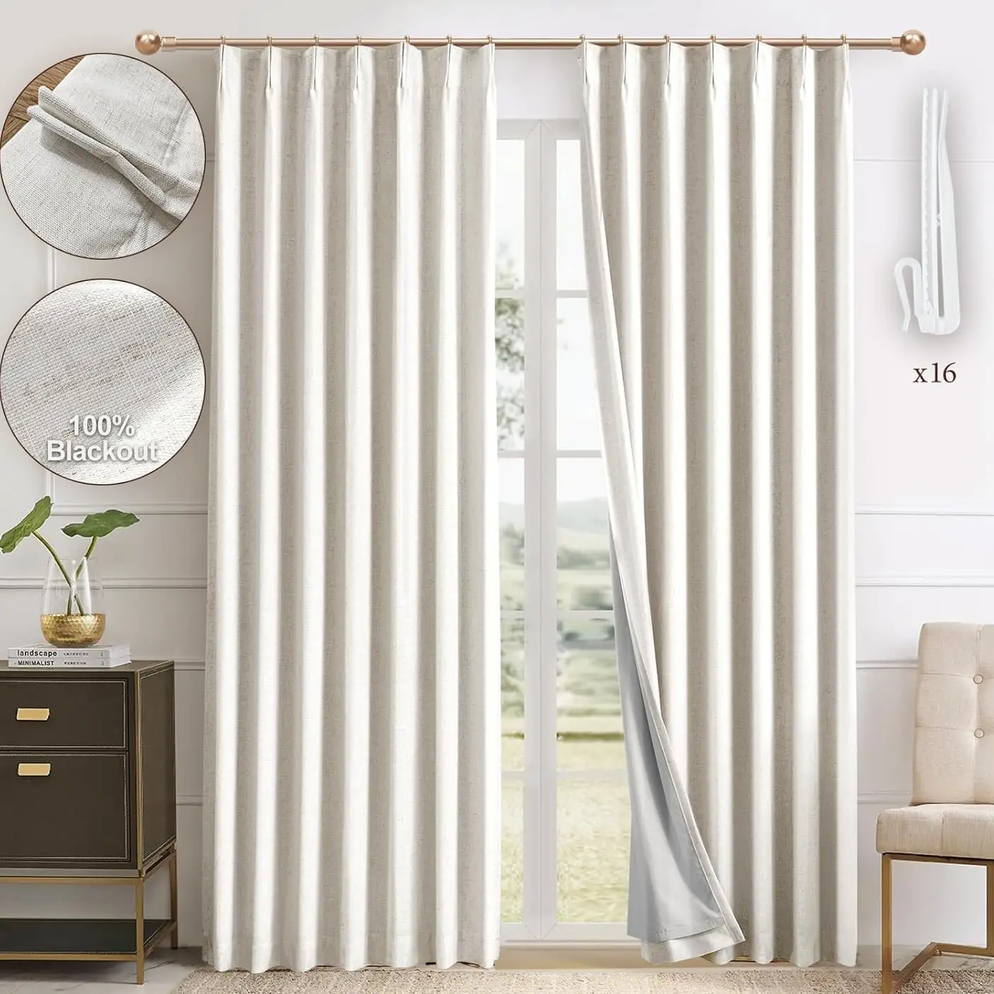 

Pinch Pleated 100% Blackout Linen Curtains 95 Inches Long for Bedroom Natural Black Out Pleat Curtains for Living Dining