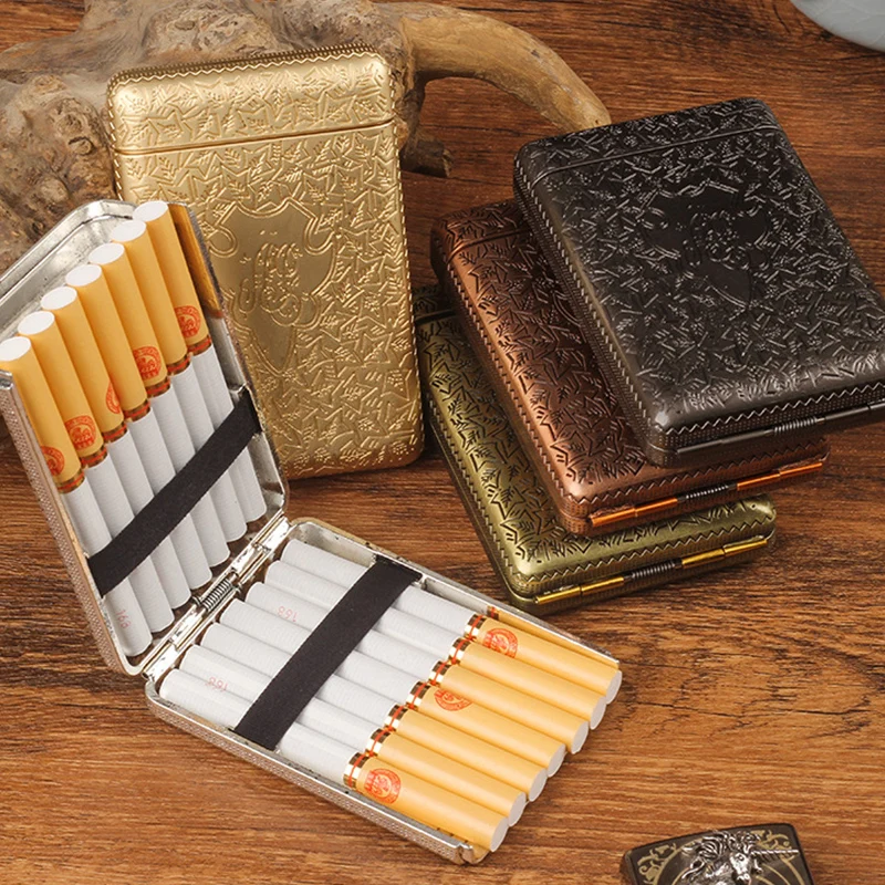 Retro Metal Hand-carved Cigarette Case for 14 Man Cigarettes Smoke Box Cigarette Flick Case Holder Smoking Tools 5 Color Gifts