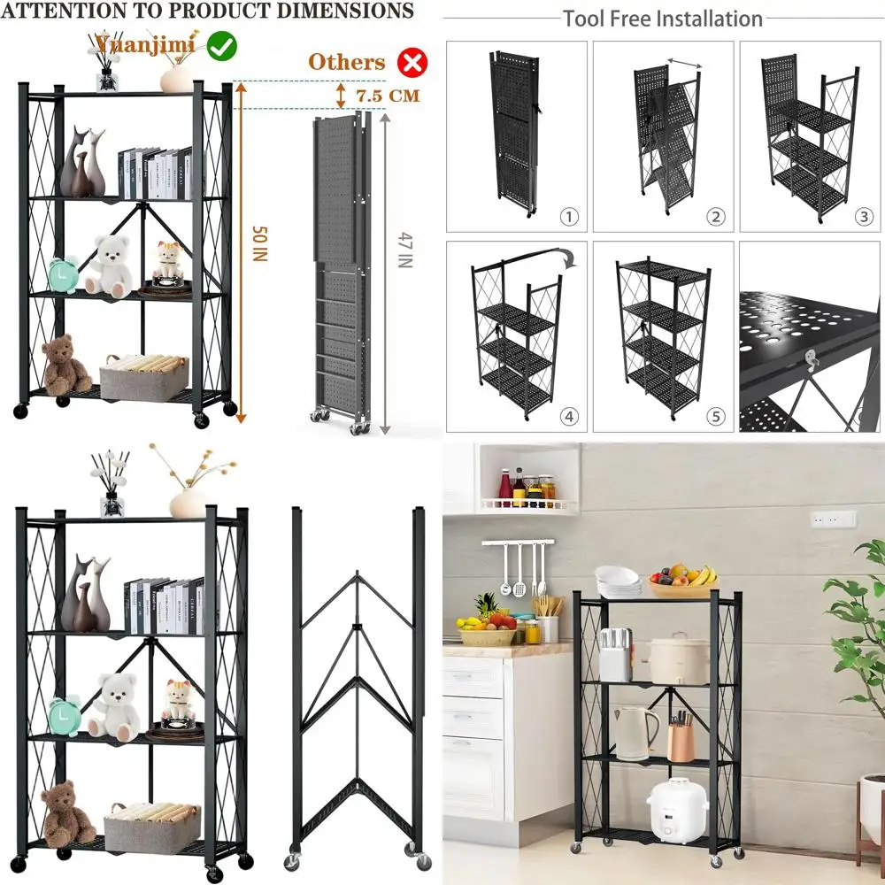 رف فولاذي قابل للطي عالي التحمل مكون من 4 طبقات مع عجلات، سعة 600 رطلاً، رف تخزين دوار للمطبخ والمخزن والمكتب - أسود