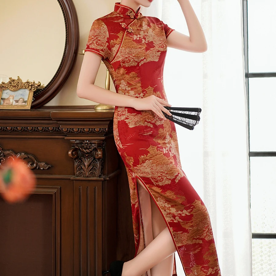 Large Size 4Xl 4Xl 5Xl Chinese Qipao Cheongsam Woman Chinese Traditional Dress Floral Print Slitting Hem Bodycon Sexy Vestidos