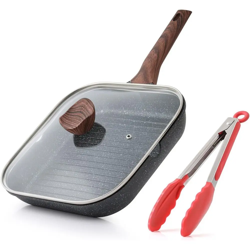 

Nonstick Grilling Pan with Lid or Stove Tops, 11 Inch Square Grill Pan or Indoor Cooking, Granite Coating Grill Skillet with Pou
