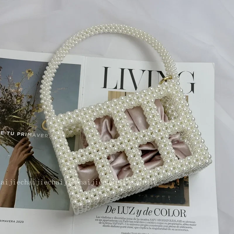 

2024 Autumn Winter New High-end Niche Retro Pearl Hollow Bag Women's Bead Design Hand Woven Ladies Handbag Can Be Customized