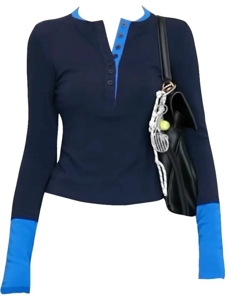 Women's Slim Fit Long Sleeve T-Shirt Combed Cotton Half Open Collar Thin Style Spring Autumn Top Color Block Casual Wear