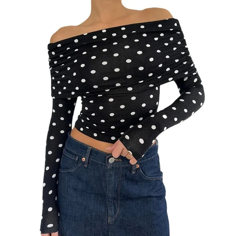2024 autumn winter retro polka dot print contrasting one shoulder strapless T-shirt new slim fit and slimming base top - Image 5