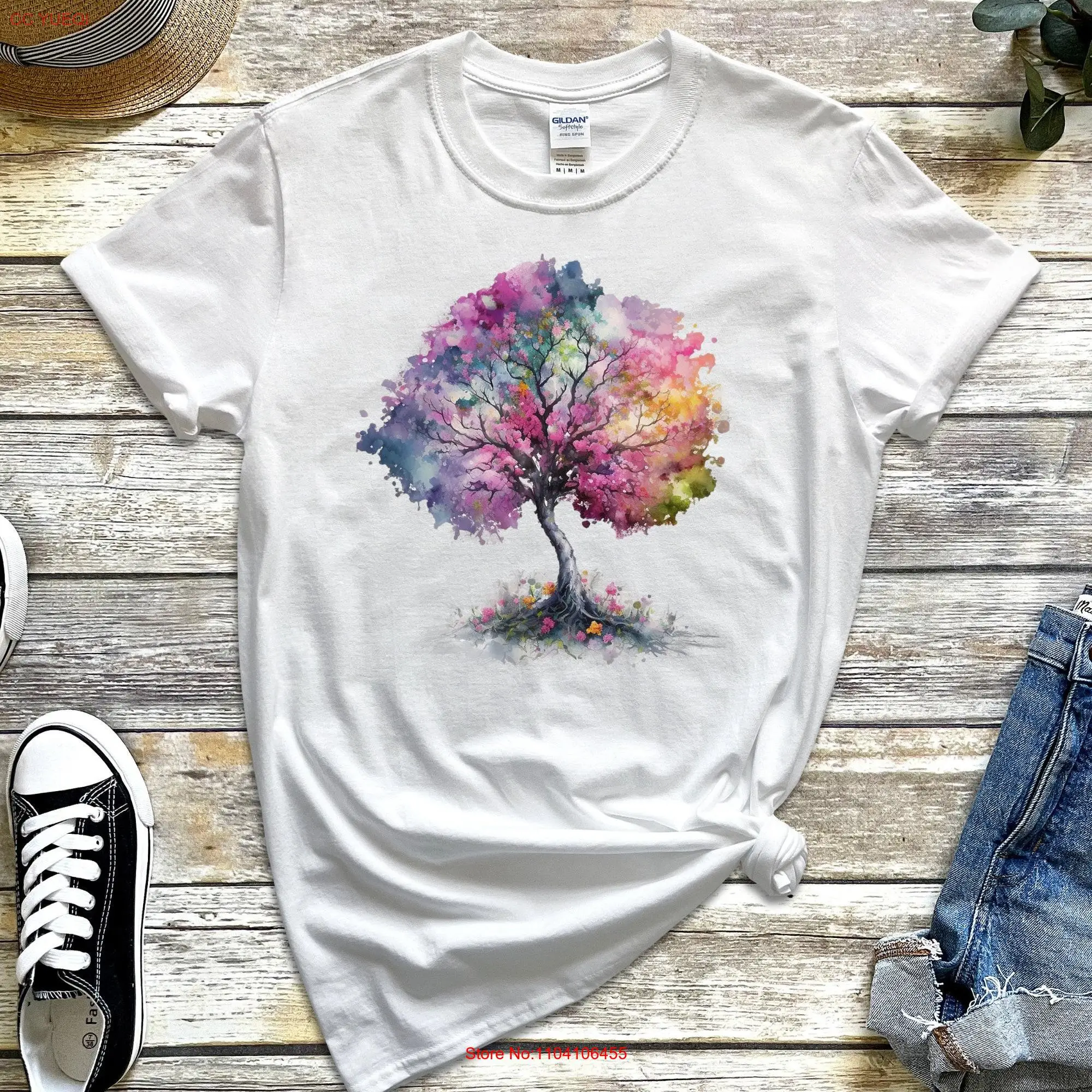 Watercolor Tree Heavy Cotton T Shirt Colorful Foliage of Life Nature Lover long or short sleeves