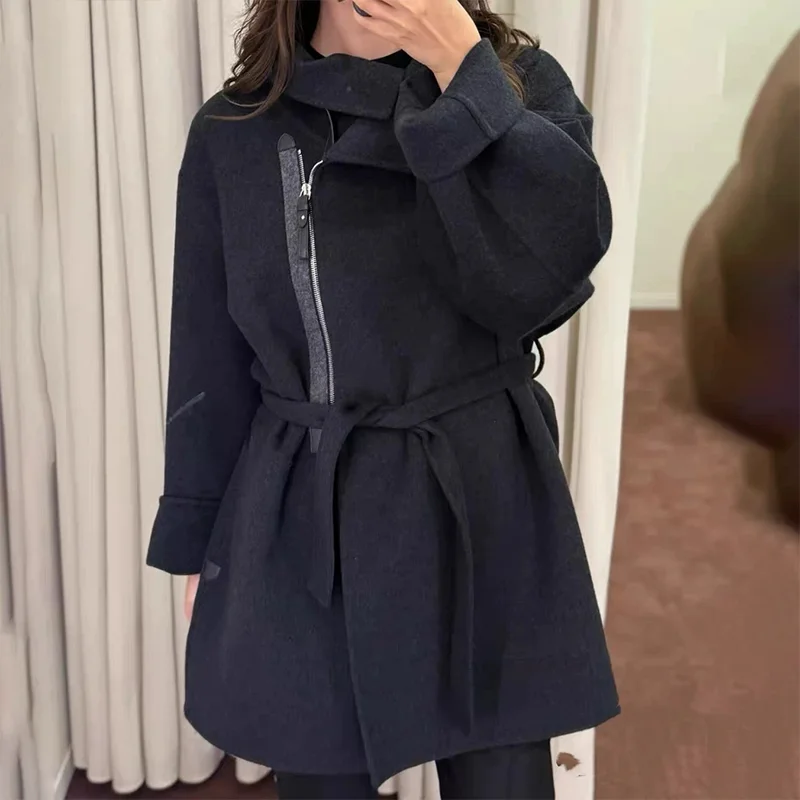 

Высококачественное женское двустороннее кашемировое шерстяное пальто средней длины с кожаными пуговицами на швах 251020118