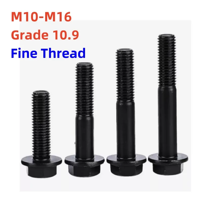 M10 M12 M14 M16 Grade 10.9 Black Carbon Steel Fine Thread Hexagon Head Flange Cap Screw Hex Washer Head Bolts  Pitch 1.25/1.5mm