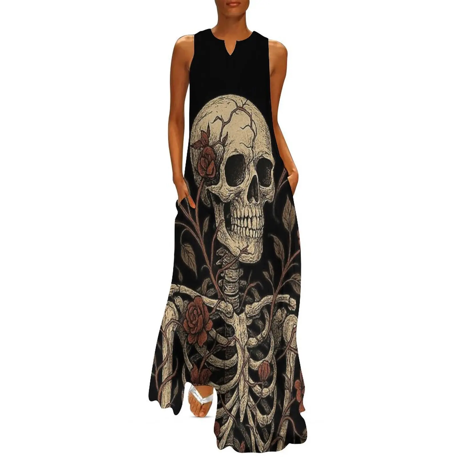 

Skeleton and Roses – Gothic Floral Skull & Bones Artwork Long Dress dresses for woman Woman's evening dress