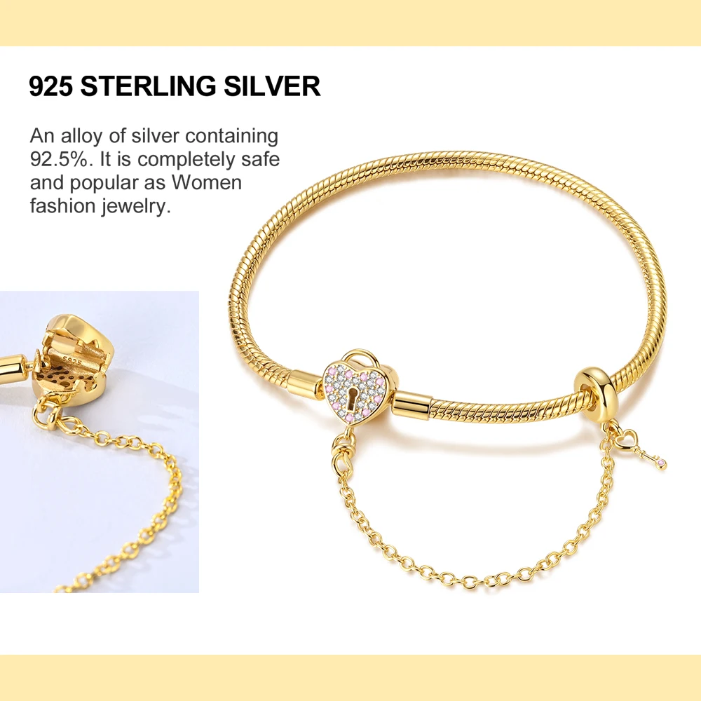 925 Silver Golden Heart Key&Lock Snake Bone Chain Bracelet for Women DIY Jewelry Gift Fit Original Charms Bead Pendant Bracelet