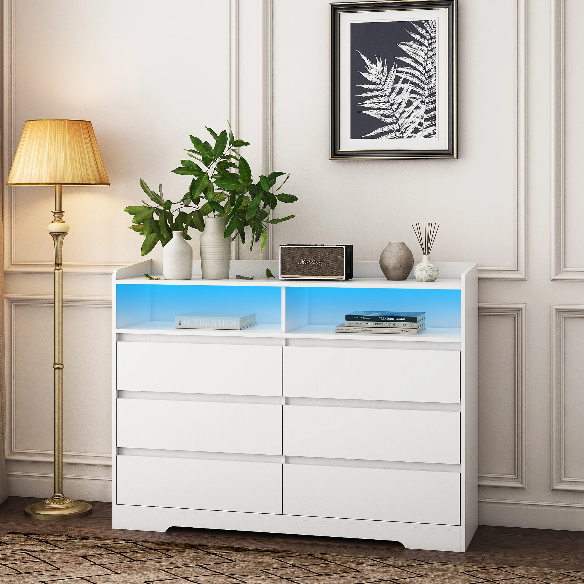 

6 drawer dresser, white bedroom dresser with LED light, modern dresser and chest of drawers with sturdy frame