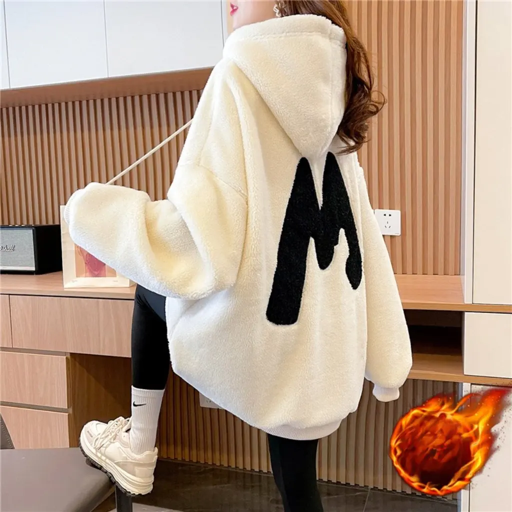 เสื้อแจ็คเก็ตมีฮู้ดบุขนแกะสำหรับผู้หญิง สไตล์ลำลอง หลวม ใส่ได้ทุกโอกาส แฟชั่นฤดูใบไม้ร่วงและฤดูหนาว