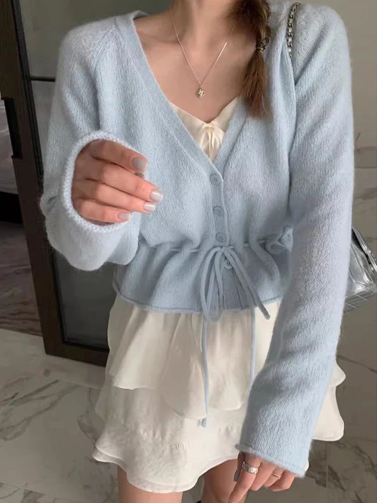 

Gagarich вязаный свитер со шнуровкой на талии, женский весенний новый универсальный однотонный кардиган с длинными рукавами, свитер, топ