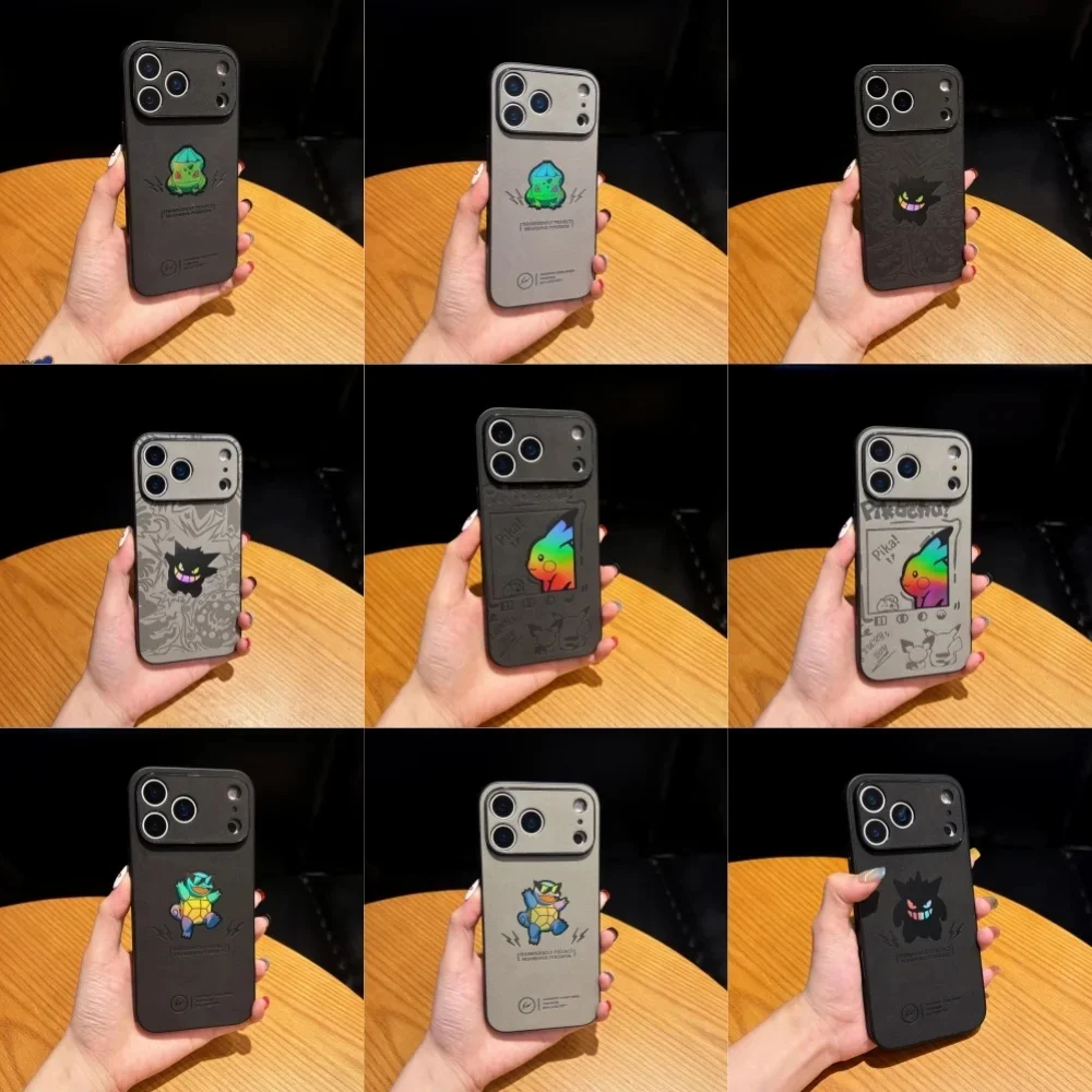 

Cute Pokemons Squirtle Gengar Bulbasaur Leaser Emboss Leather Phone Case For iPhone 15 14 13 12 11 16 17 Pro Max Air Plus Cover