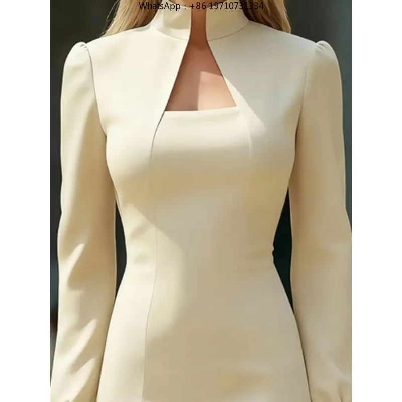 Office Fashion Half Hight Neck Slim Midi Dress Women Casual Long Sleeve Party Dress Elegant Commuting Solid Color Wrap Hip Dress