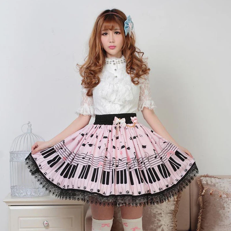 

Japanese Sweet Lolita Bow Lace Ruffle Skirt Female Original Pink Keys on The Cat Lolita Skirt Women's Daily Thin Pleated Skirts