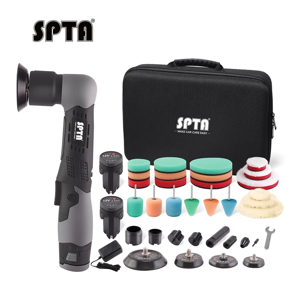 SPTA Cordless Mini Car Polisher Set,12V Brushless RO/DA Micro Scratches Killer with 1/2/3 Inch Detailing Pads Kit & 2 Batteries