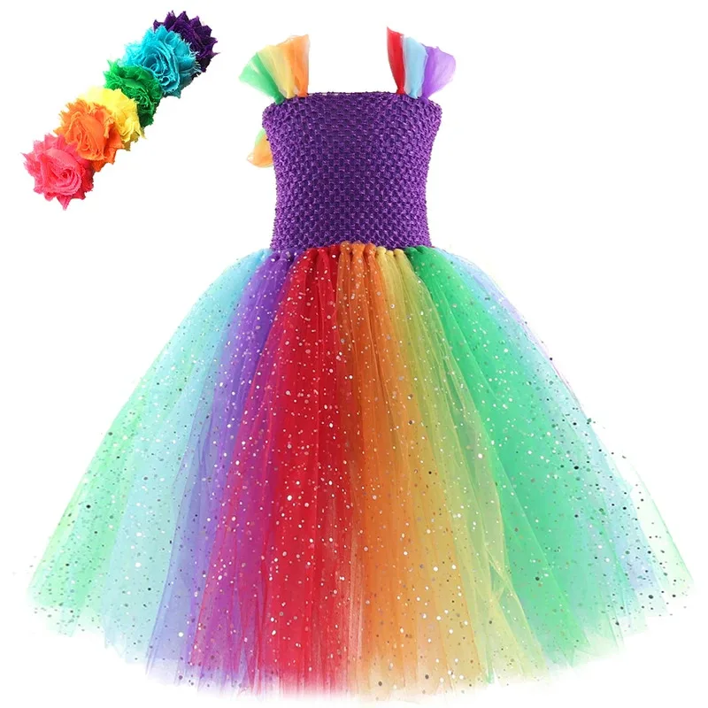 

Silver Sparkles Rainbow Pony Costumes for Girls Sparkling Long Tutu Dress with Flower Hairband Kids Birthday Halloween Outfits