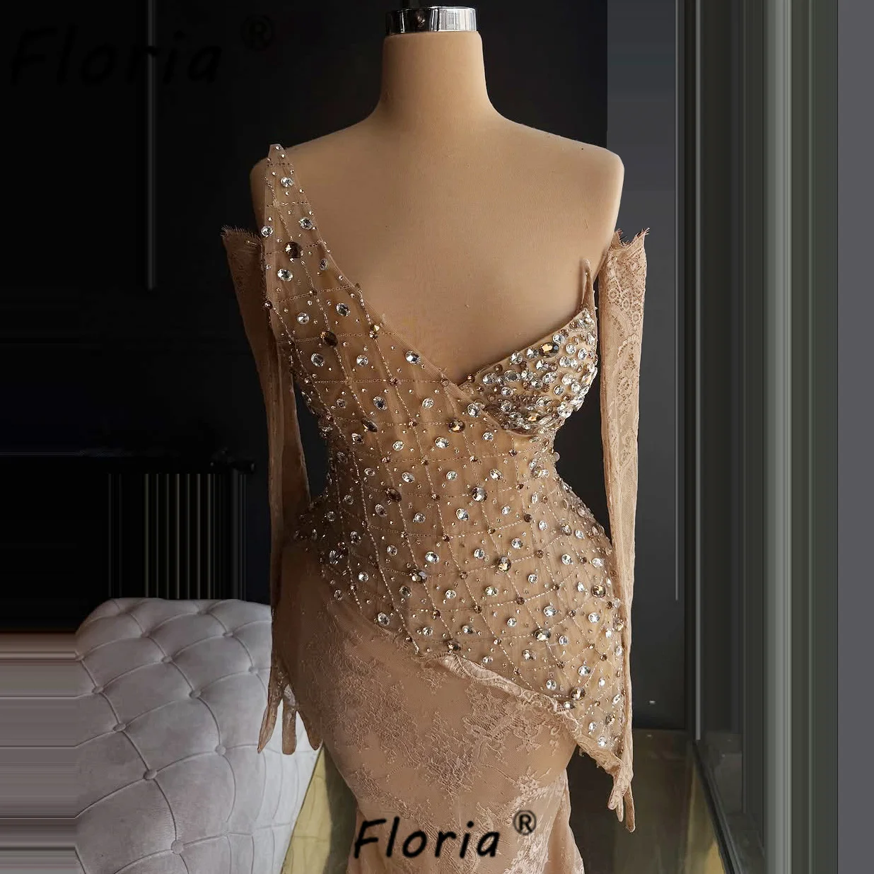 Vestido de fiesta de Noche de encaje con cuentas de lujo, vestidos formales de manga larga de cristal para eventos, Vestido de graduación para mujer, Vestido de Noche personalizado 2025