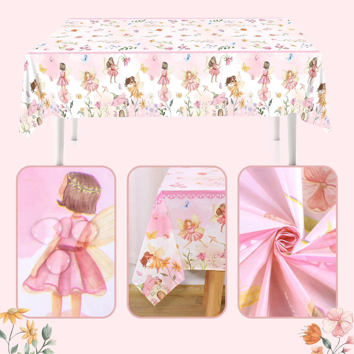130x220cm Fairy Plastic Tablecloth Fairy Disposable Party Table Cover For Birthday Party Decorations Pink Rectangle Table Cloth