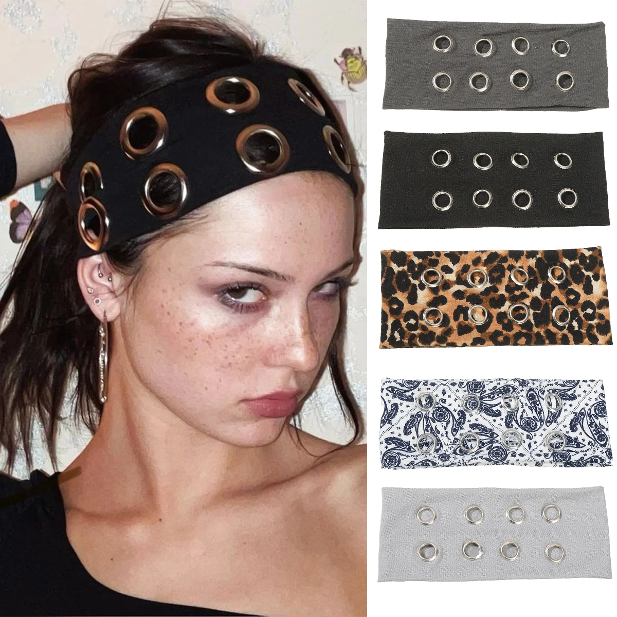 AWAYTR Punk Girl ausgehöhltes breites elastisches Tülle-Stirnband, dehnbares Metal Rock Steampunk für Sport-Stirnbänder, Haar-Accessoires