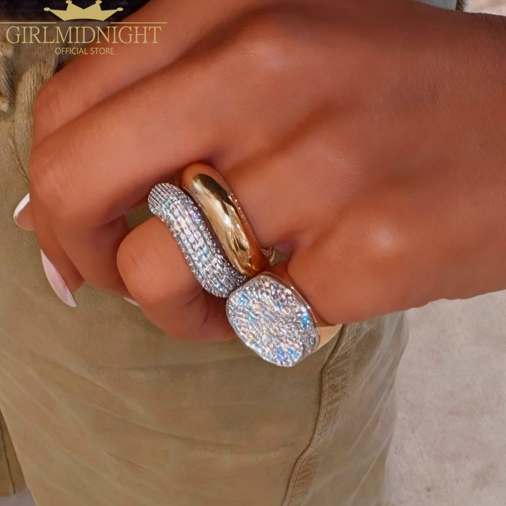 2026 Neuer Chunky Dome Wave Ring in Goldfarbe mit Mikro-Zirkonia-Besatz Funkelnde Bling-Ringe Modischer Damen-Fingerschmuck