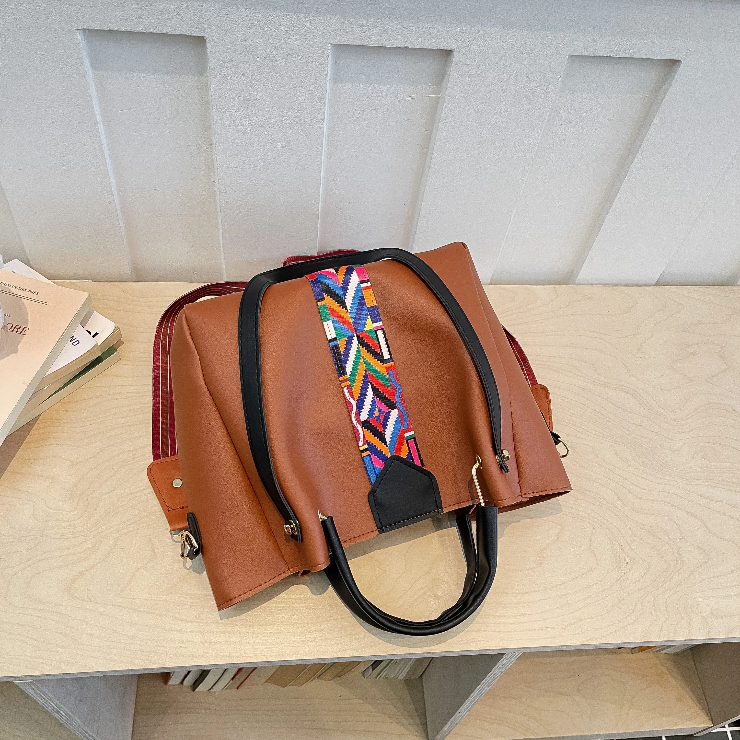 5Pcs/Set Women's Handbags Fashion PU Leather Tote Crossbody Bag Set Casual Pink Shoulder Bags with Purse & Coin Pouch view 6