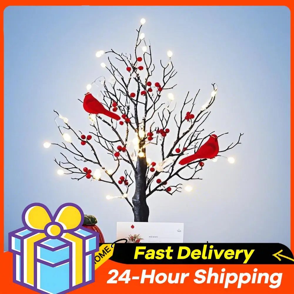 2/1 قطعة شجرة متوهجة مع الكرادلة مع التوت الأحمر والطيور بطارية تعمل مصباح شجرة الطاولة لعيد الميلاد المنزل حفل زفاف