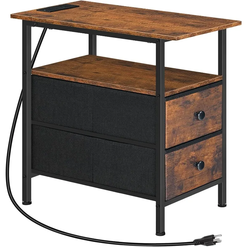 End Table with Charging Station, Narrow Side Table, Nightstand with 2 Non-Woven Drawers, 11.8