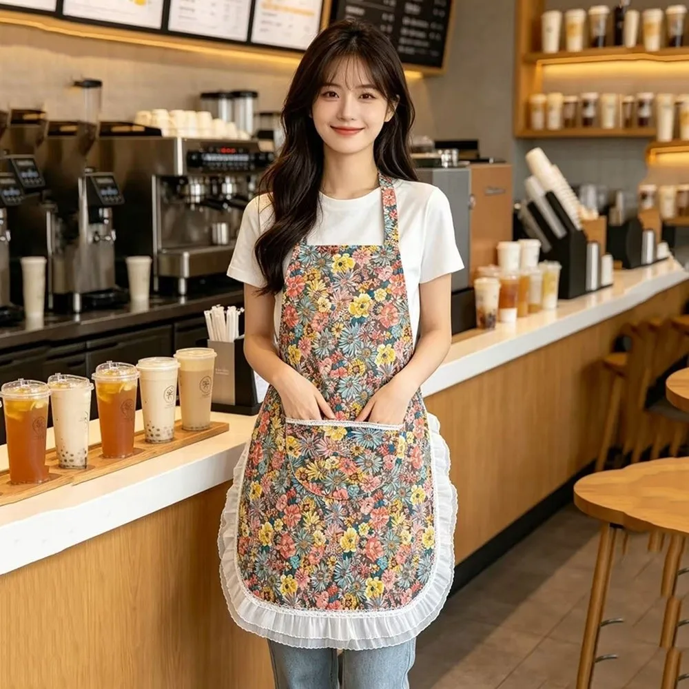 Creative Stain Resistant Neck Hanging Apron Floral Lace Breathable Cooking Apron Soft Wear Resistant Work Clothes Women