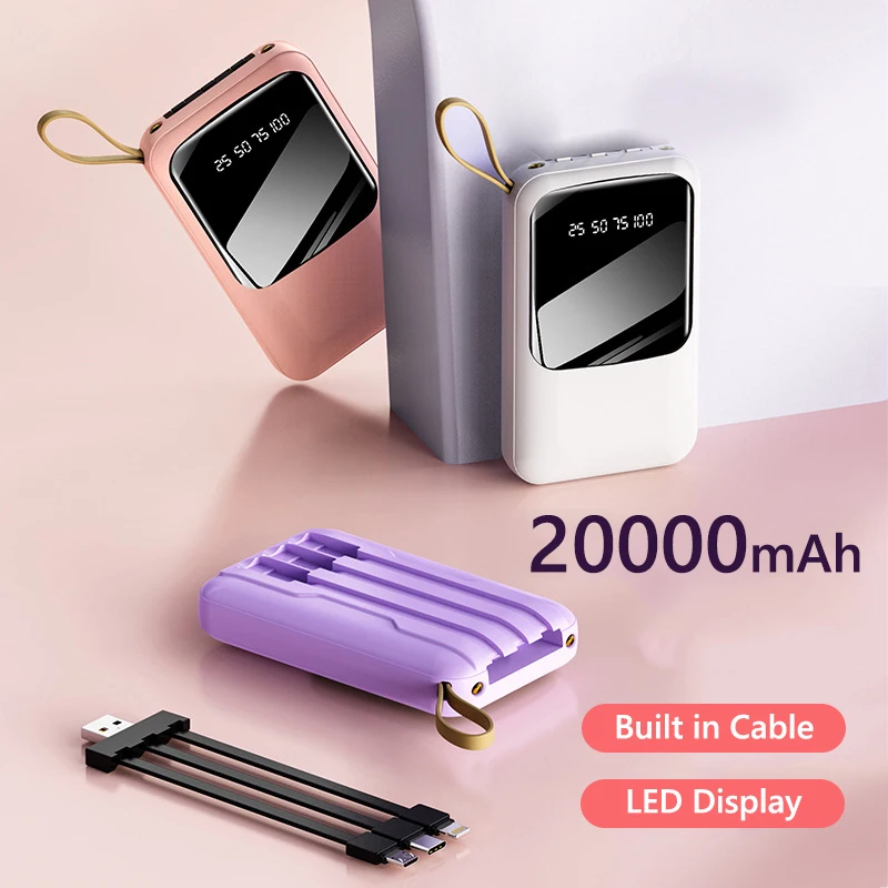 

Портативный внешний аккумулятор емкостью 20000 мАч, быстрая зарядка с кабелем, внешний аккумулятор, мини-Powerbank для iPhone 17, Samsung, Huawei, Xiaomi