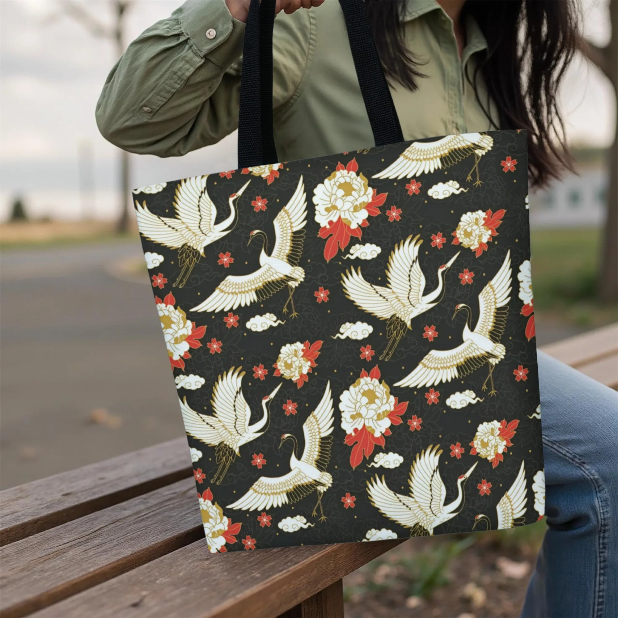 Bolsa tote japonesa tradicional ukiyoe com padrão de guindaste, bolsa de ombro reutilizável de lona, presente para amantes da arte popular e entusiastas da cultura