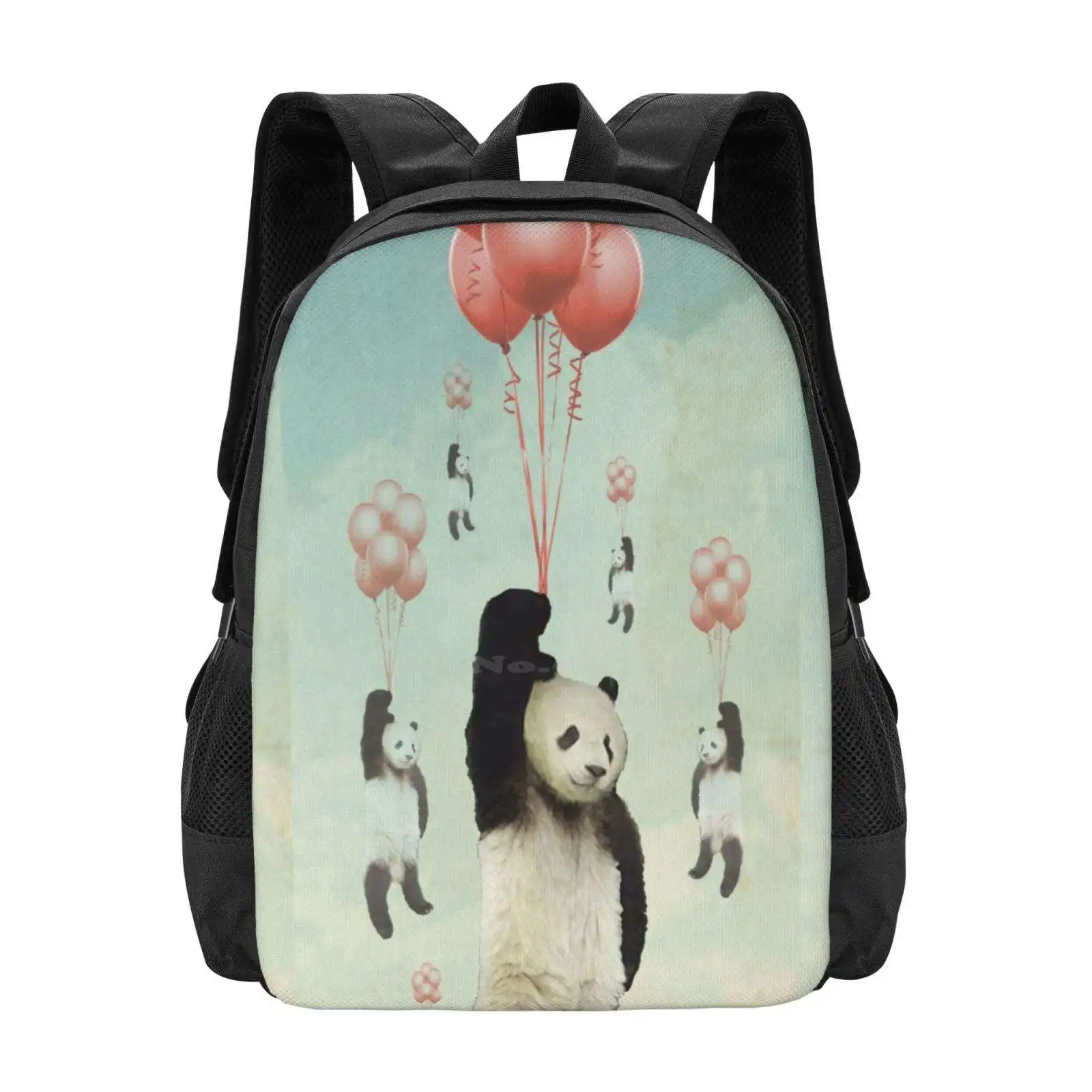 Pandaloons V2 Hot Sale Schoolbag Backpack Fashion Bags Balloons Bears Sea Black White Red Floating Cute Panda Bear Sky