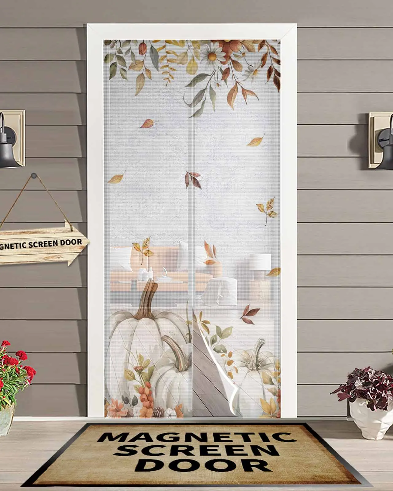

White Background Leaves Pumpkin Magnetic Door Curtain Living Room Bedroom Home Anti-mosquito Screen Door Curtain