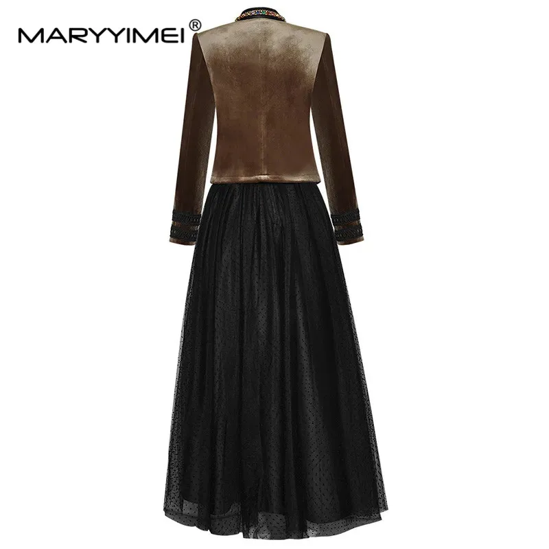 MARYYIMEI Designer Spring Skirts Suit Women Beading Long sleeve Coat + Polka dots Mesh Black Skirt 2 Pieces Set