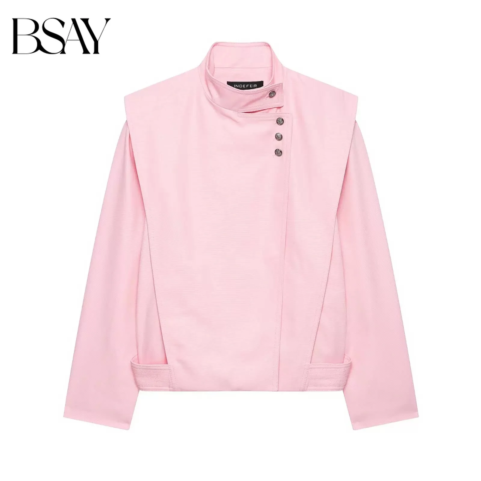 BSAY Neuerscheinung Damen Rosa Stehkragen Asymmetrische Knopfjacke Langarm Lässige Mode Streetwear Büro-Blazer Mantel