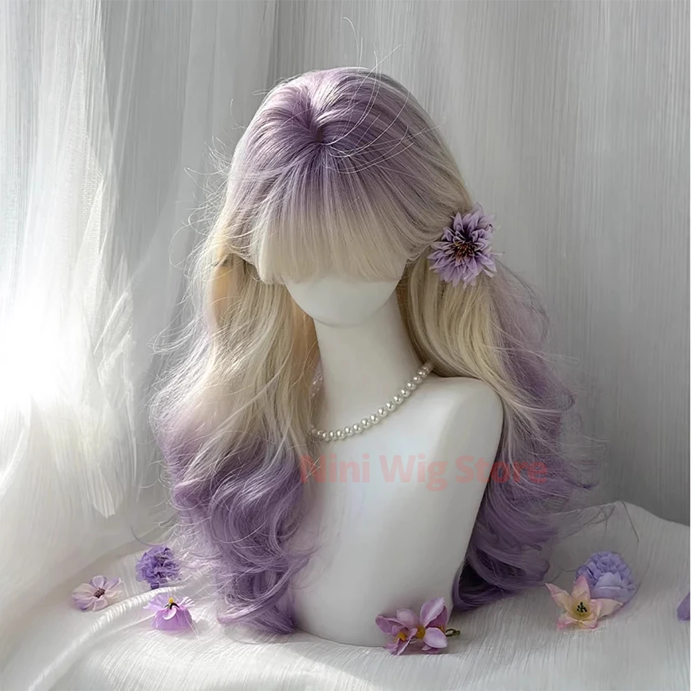 Long Curly Wavy Synthetic Wig with Bangs For Women Lolita Halloween Cosplay Christmas Party Daily Use Natural Heat-resistant Wig