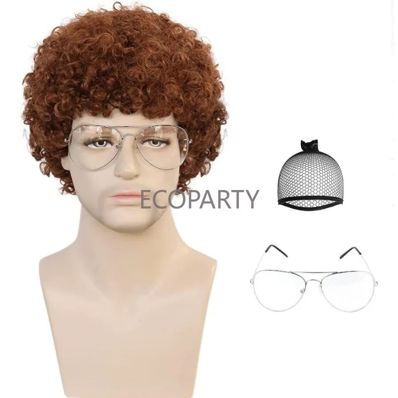 Men's Black Short Curly Synthetic Cosplay Wig Honey Gold Brown 70s Disco 4 Piece Mustache Gold Chain Halloween Costume Party Wig