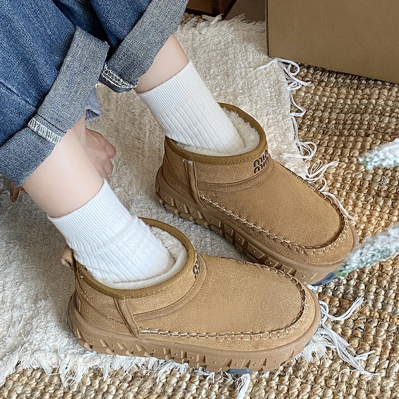 Botas de nieve antideslizantes para mujer, botines sencillos de ante de vaca, Color sólido, sin cordones, 2024