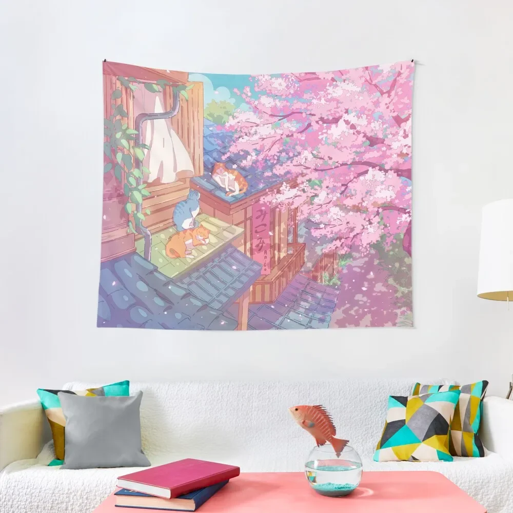 The cute cats, rooftops, and pink cherry blossom Tapestry Custom Wall Hanging Decor Tapestry