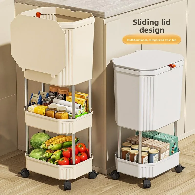 

Kitchen Trash Can Double Layer High Capacity Easy Access with Cover Wheel Mounted Sliding Cover Japanese Style Home Use