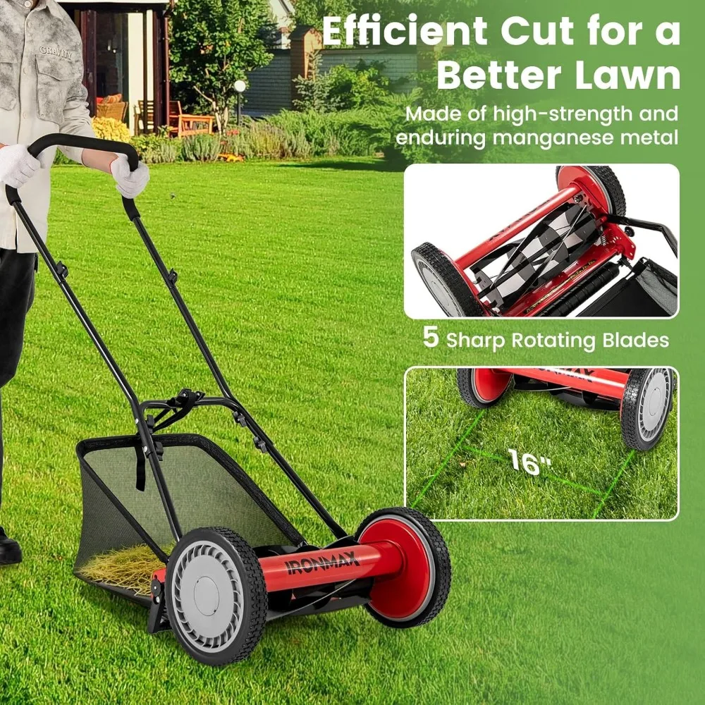 Manual Lawn Mower, 16 Inch 5-Blade Walk-Behind Cordless Grass Cutter with 7 Gallon Removable Grass Collect Bag, Adjustable Cutt