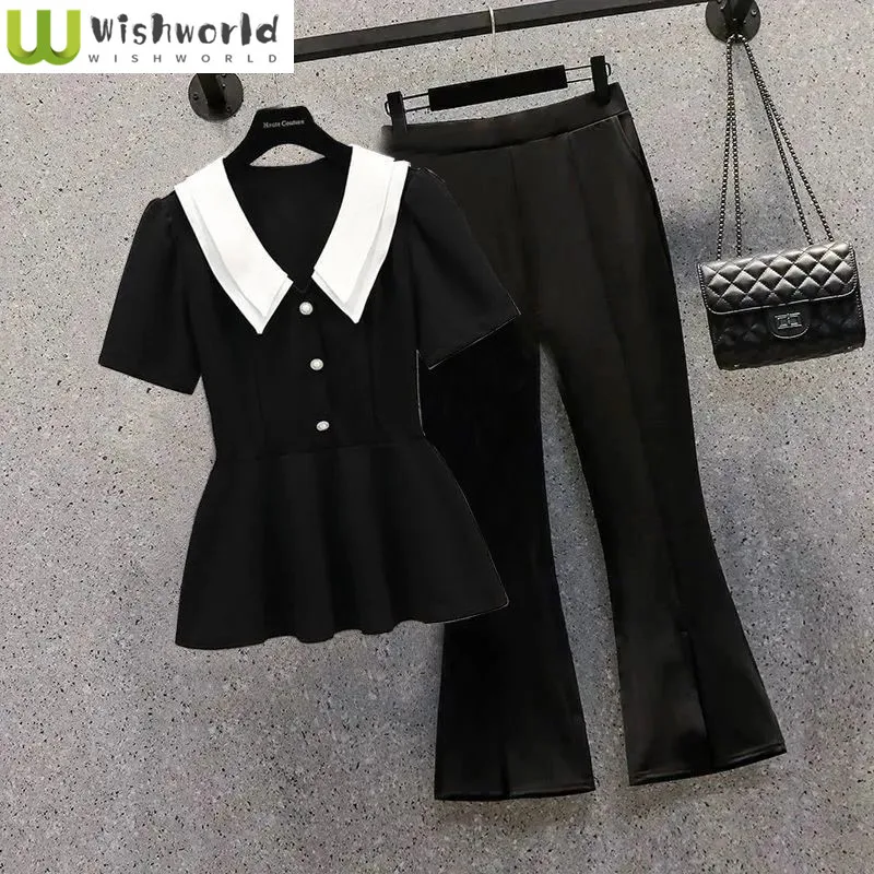 Plus Size Lapel Panel Short Sleeve Chiffon Shirt Blouse Wide Leg Pants Two Piece Elegant Women\'s Pants Set Office Outfits