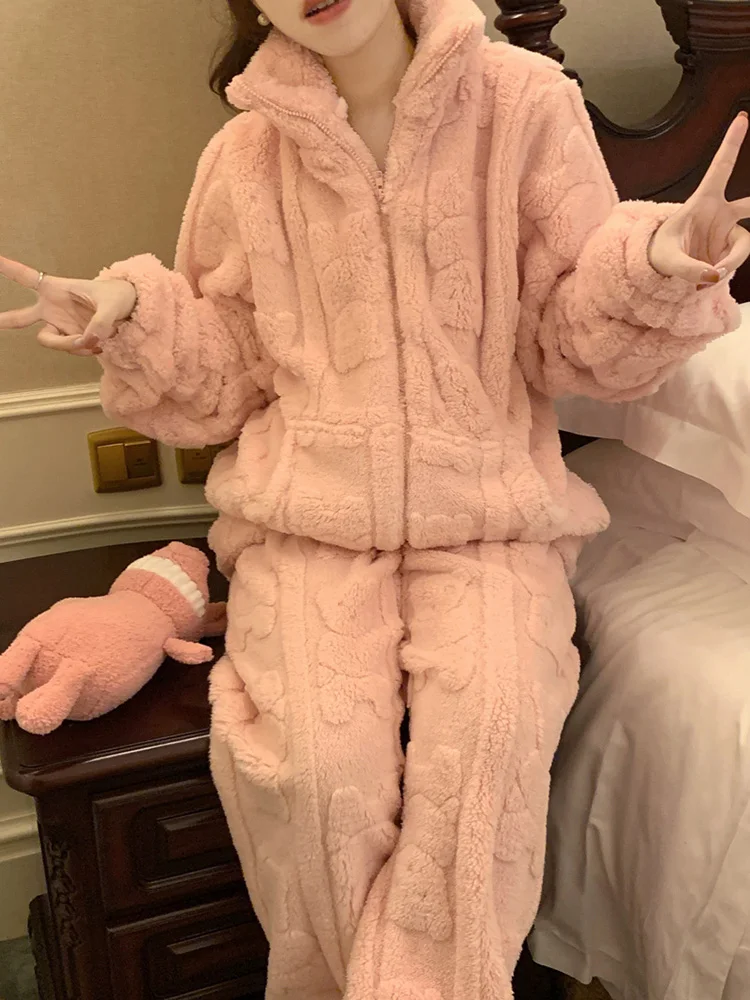 Bear New Home Soft Cute Solid Simple Stereoscopic Relief Winter Long Sleeve Pajama Set Women Quilted WarmThicken Sleepwear Ins