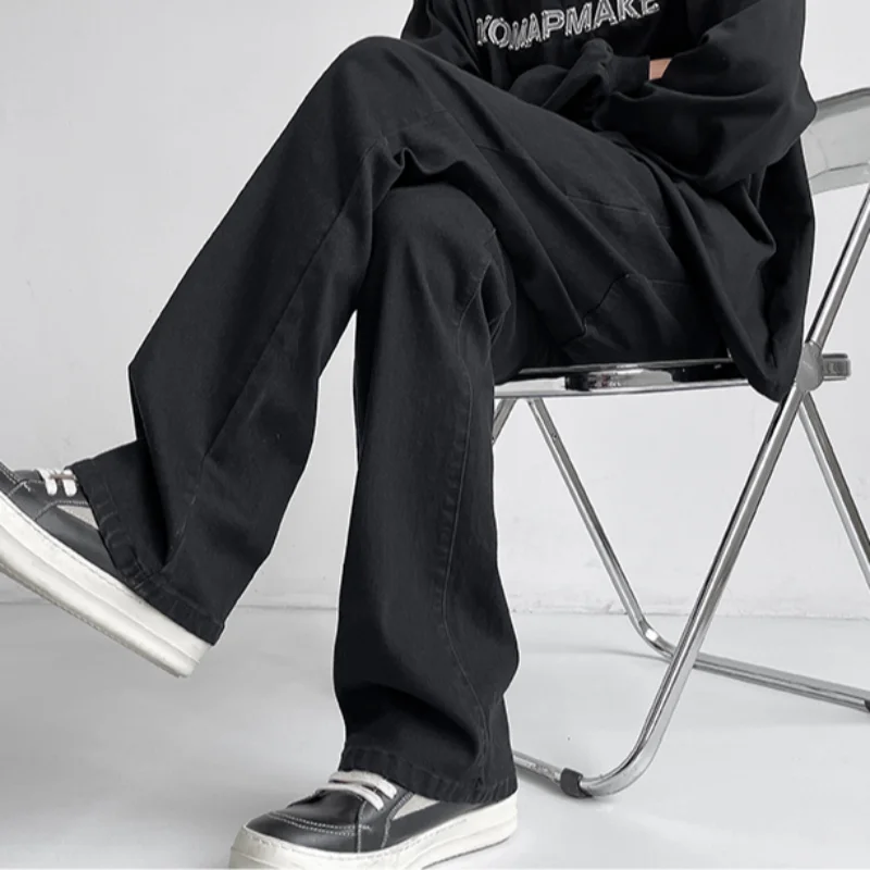 Autumn Vintage Straight Wide Legs BLACK Jeans Men\'s Streetwear Harajuku Washed Baggy Casual Flare Denim Trousers Y2K Male Pants