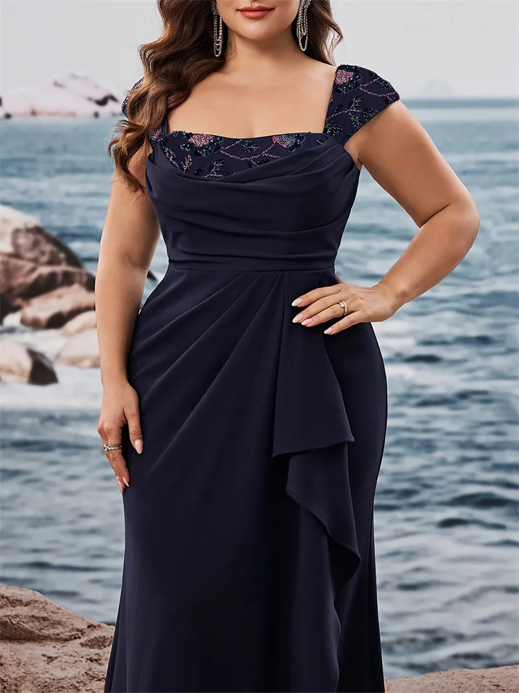 Lucyinlove Abiti da sera eleganti con paillettes Donne di lusso Colletto quadrato pieghettato Prom Party Lunghezza pavimento Abito da cocktail formale blu