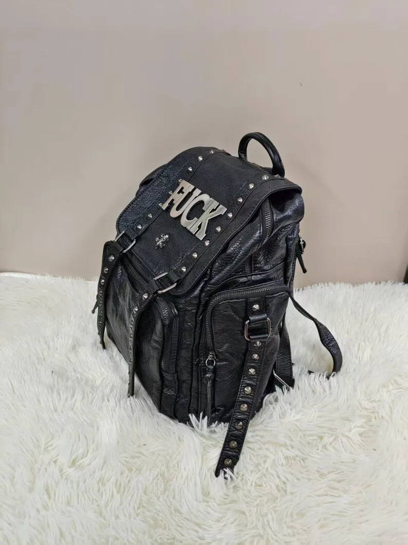 Y2K Goth Studded Backpack Unisex Punk Rock Alt Emo Multi Pocket PU Leather Daypack