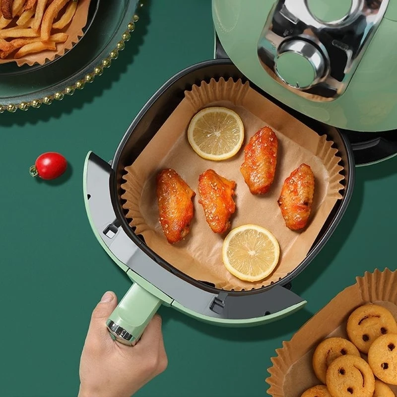 Revestimiento de papel pergamino desechable para freidora de aire, 50 Uds., Airfryer Bakpapier, bandeja de papel a prueba de aceite, estera antiadherente para hornear, almohadilla