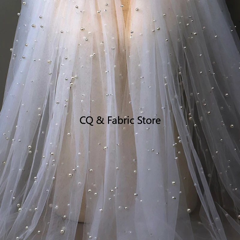 New 3 Meters Wide Pearl Beaded Gauze Fabric Diy Wedding Dress Veil Fabric